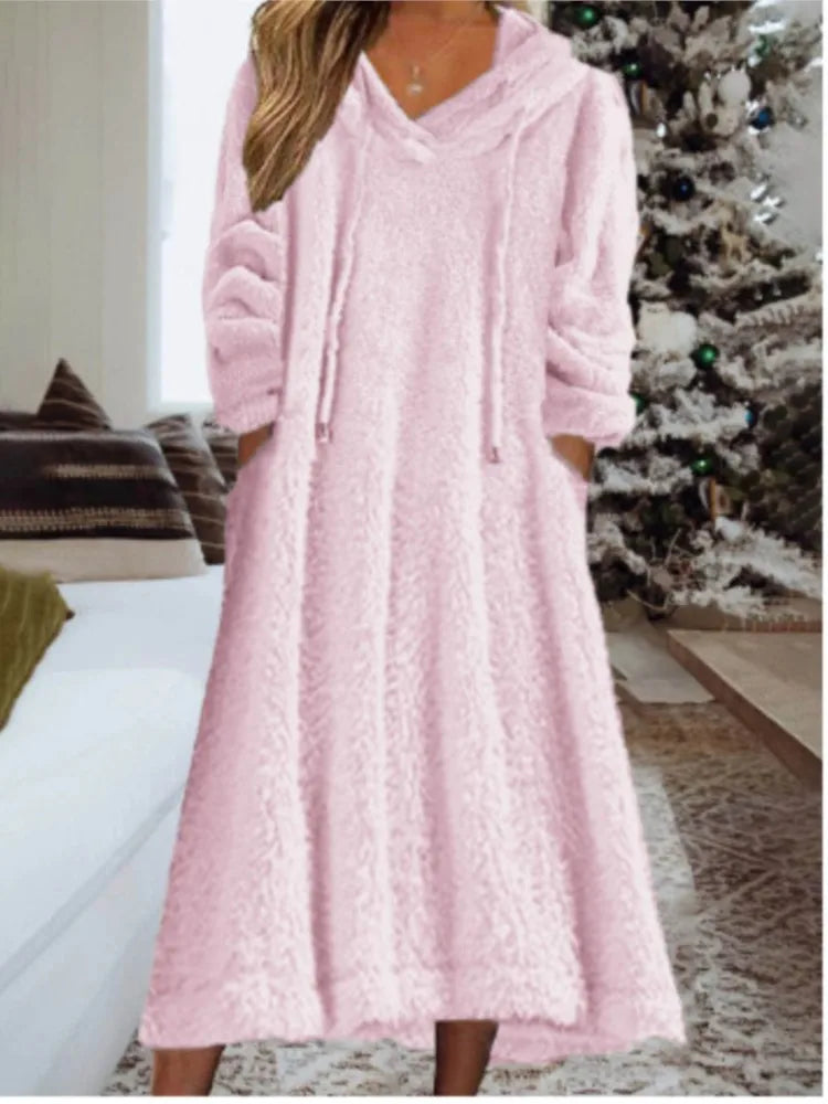 Cozy Plush Hooded Long Sleeve Dress for Women - Image 3