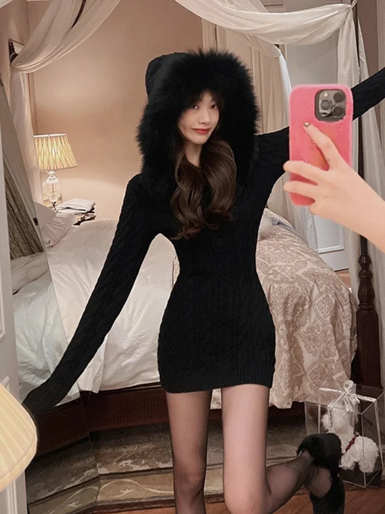 Cozy Hooded Knitted Mini Dress for Women - Image 14