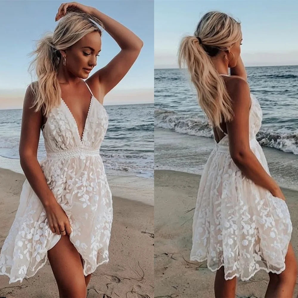 Elegant Backless White Summer Lace Mini Dress - Image 10