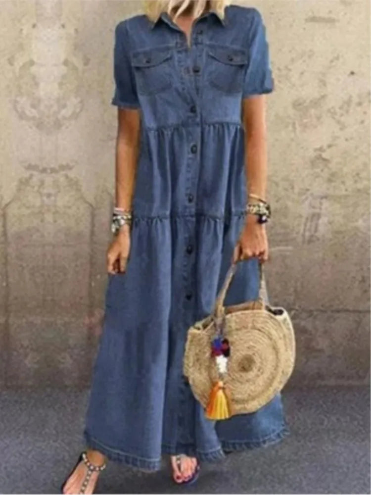 Vintage Short Sleeve Cowboy Dress with Multiple Buttons - Image 3