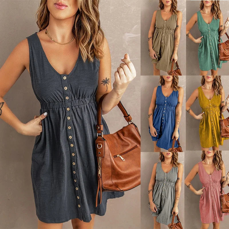 Casual Women's Summer Sleeveless Button-Down Swing Dress