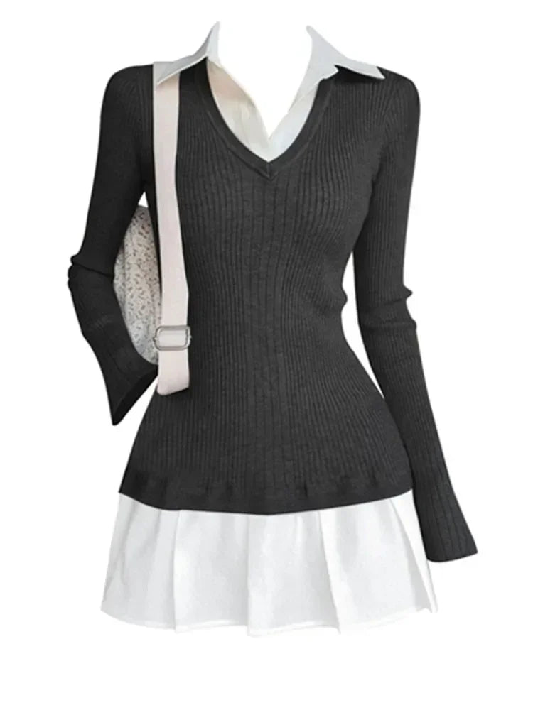 Trendy Vintage Mini Knit Dress with Long Sleeves - Image 5