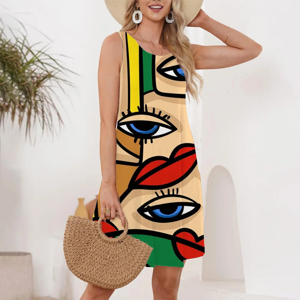 Elegant Abstract Art Face Pattern Short Sleeve Dress - Image 21
