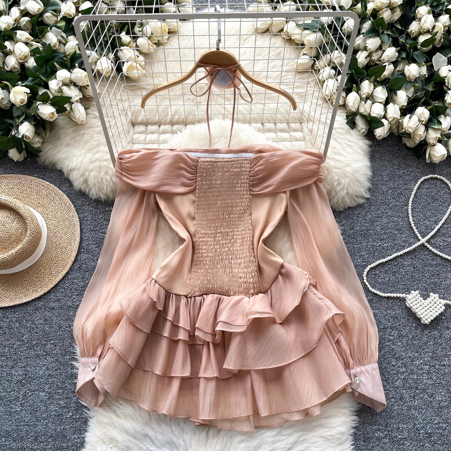 Elegant Off-Shoulder Vintage Floral Ruffle Evening Dress - Image 12