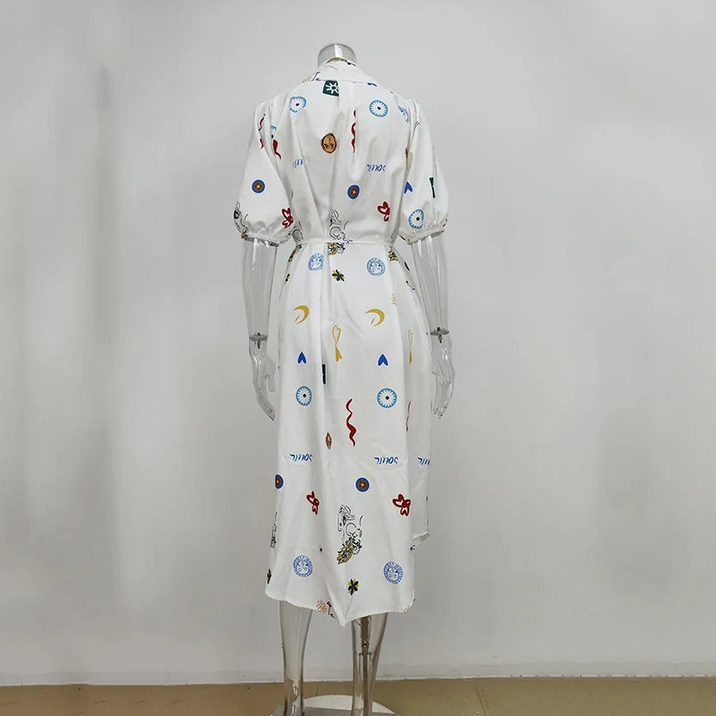 Chic Graffiti Midi Dress with Lace Up & Lantern Sleeves - Image 7