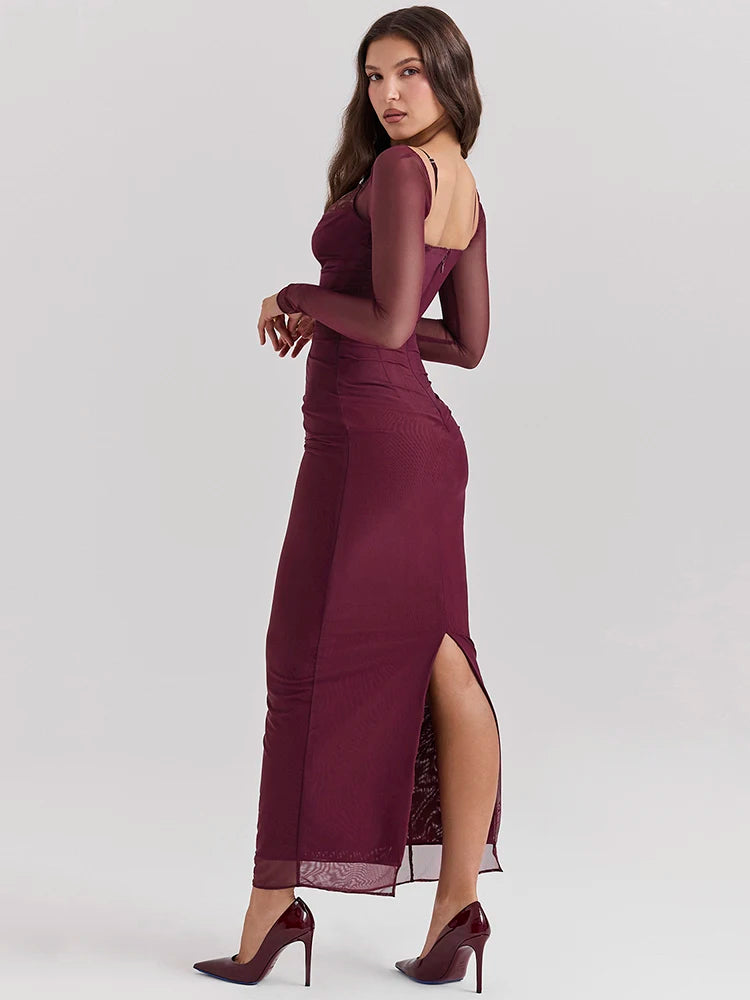 Elegant Sheer Long Sleeve Backless Maxi Dress for Women - Image 5