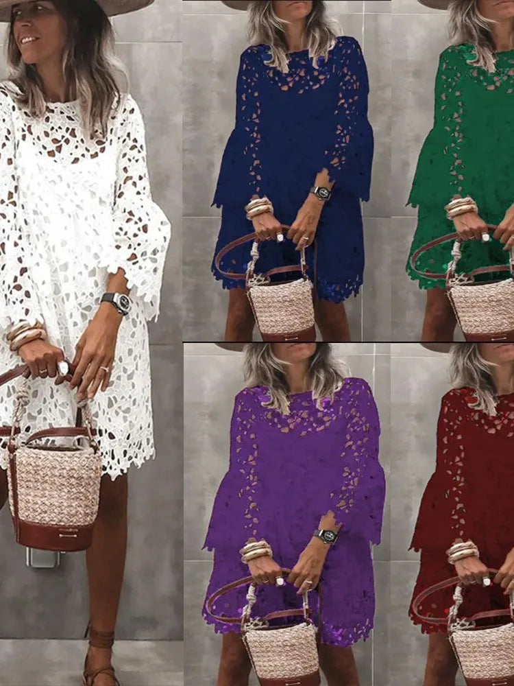 Elegant Long Sleeve Lace Dress with Floral Hollow Details - Image 8