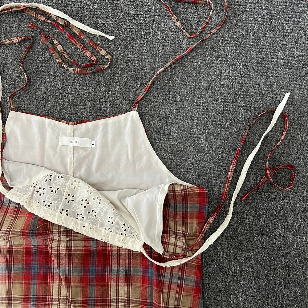 Retro Backless Plaid Lace Suspender Dress for Women - Image 7