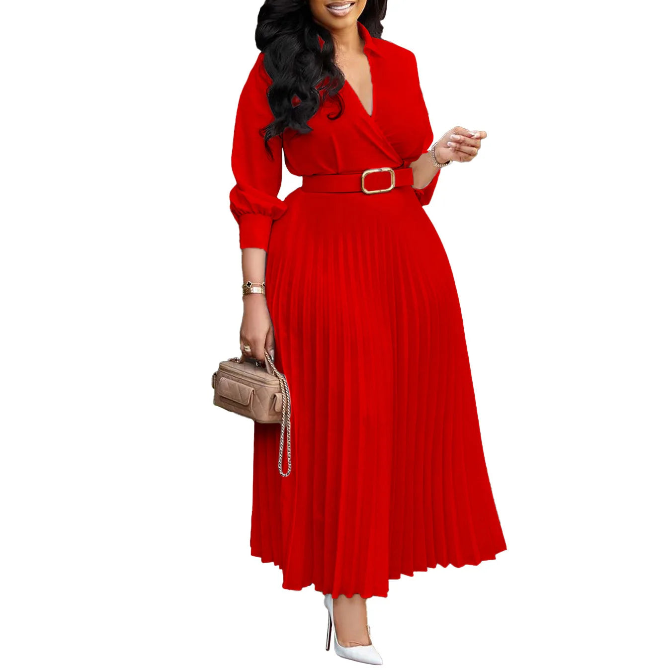 Elegant Pleated V-Neck Midi Dress for Autumn Events - Image 17