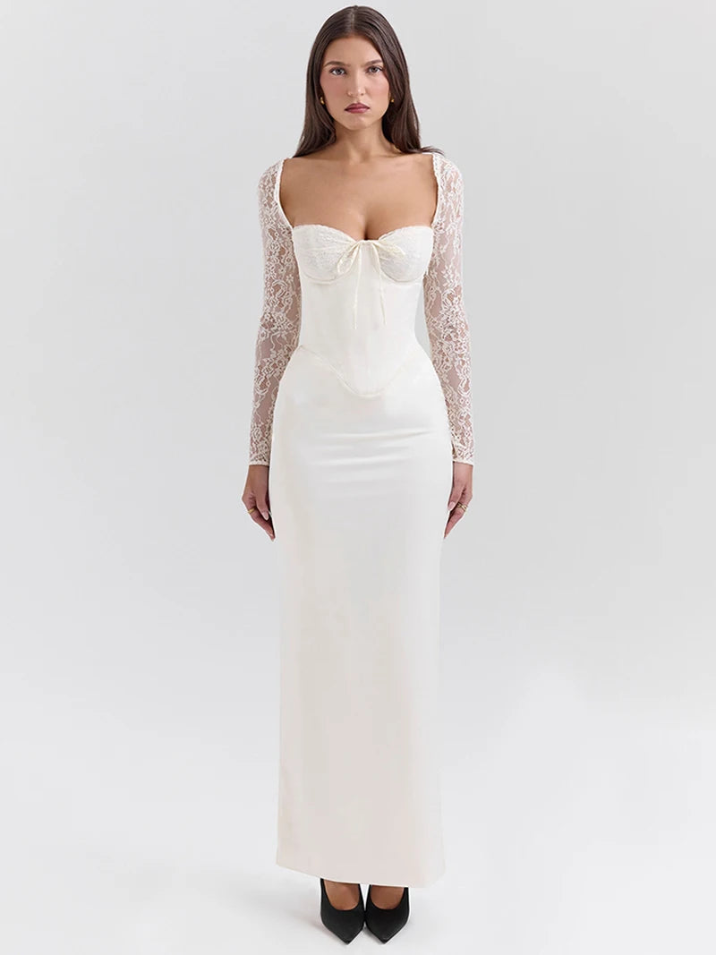 White Backless Lace Maxi Dress with Square Collar - Image 14