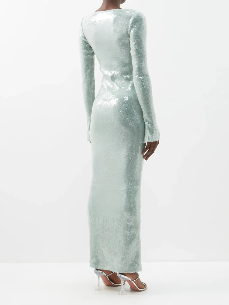 Elegant V-Neck Sequin Split Flare Maxi Dress for Women - Image 7