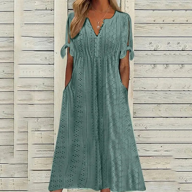 Chic Hollow Out V-Neck Lace Ruffle Long Summer Dress - Image 7