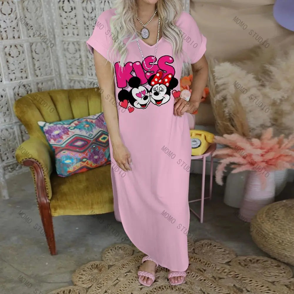 Chic Women's V-Neck Maxi Dress with Cartoon Print - Image 5