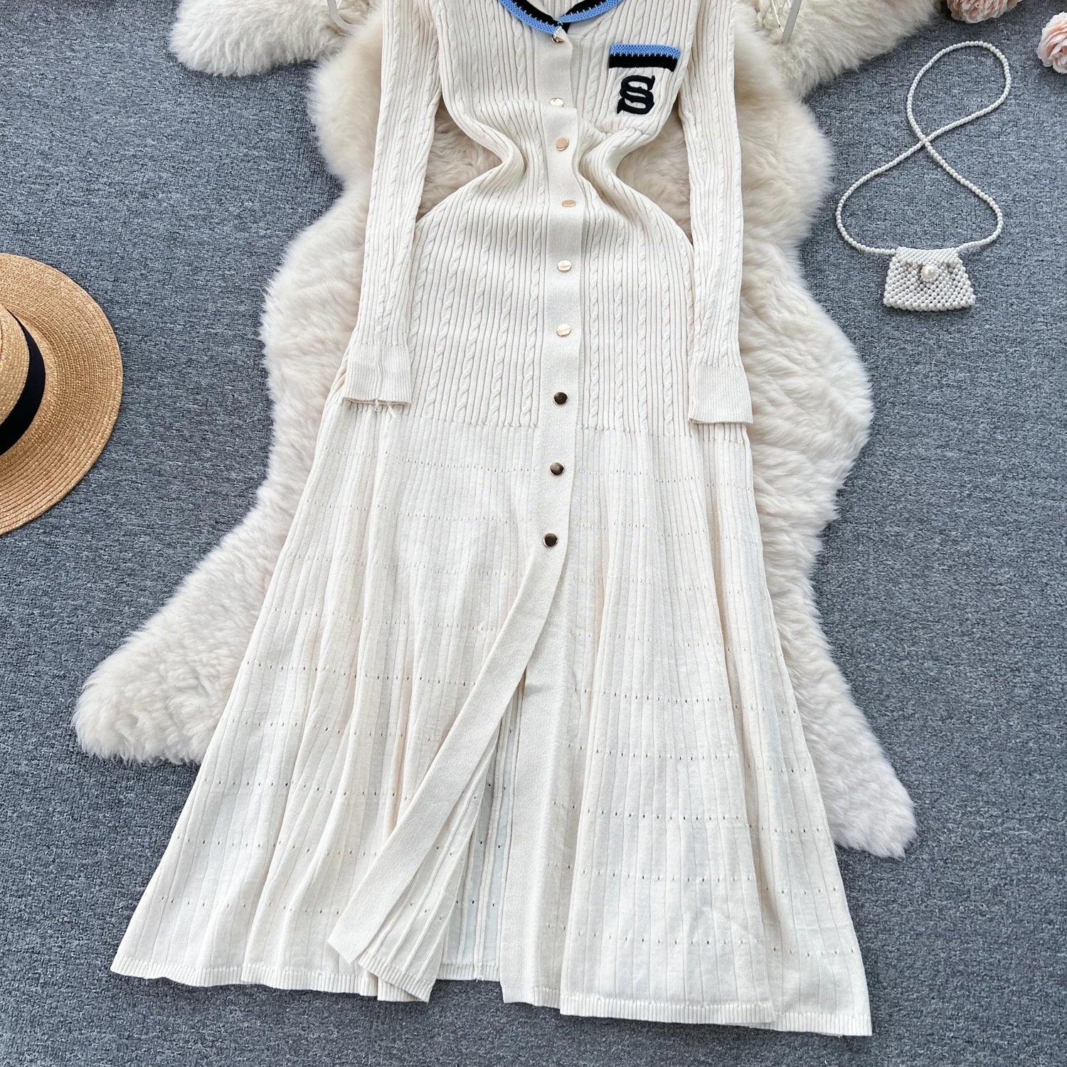 Elegant V-Neck Knitted Dress for Women - Long Sleeve A-Line - Image 27