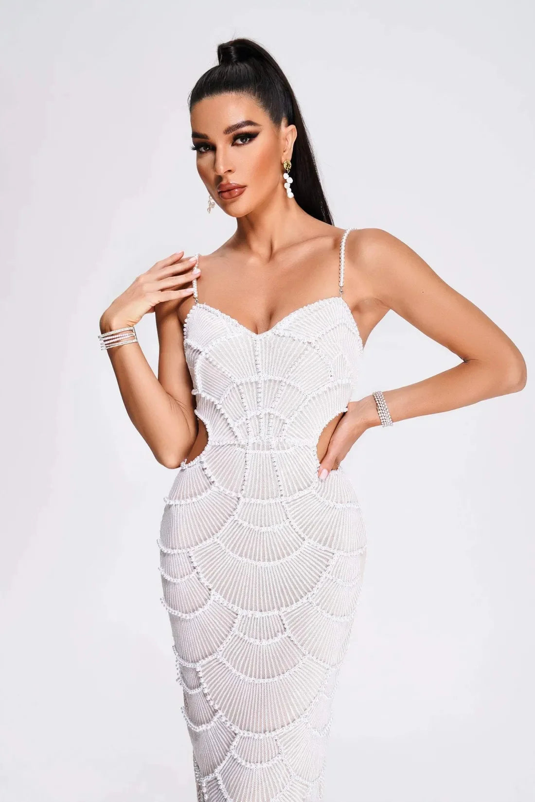 Elegant Bodycon Midi Dress with Pearls and Sequins