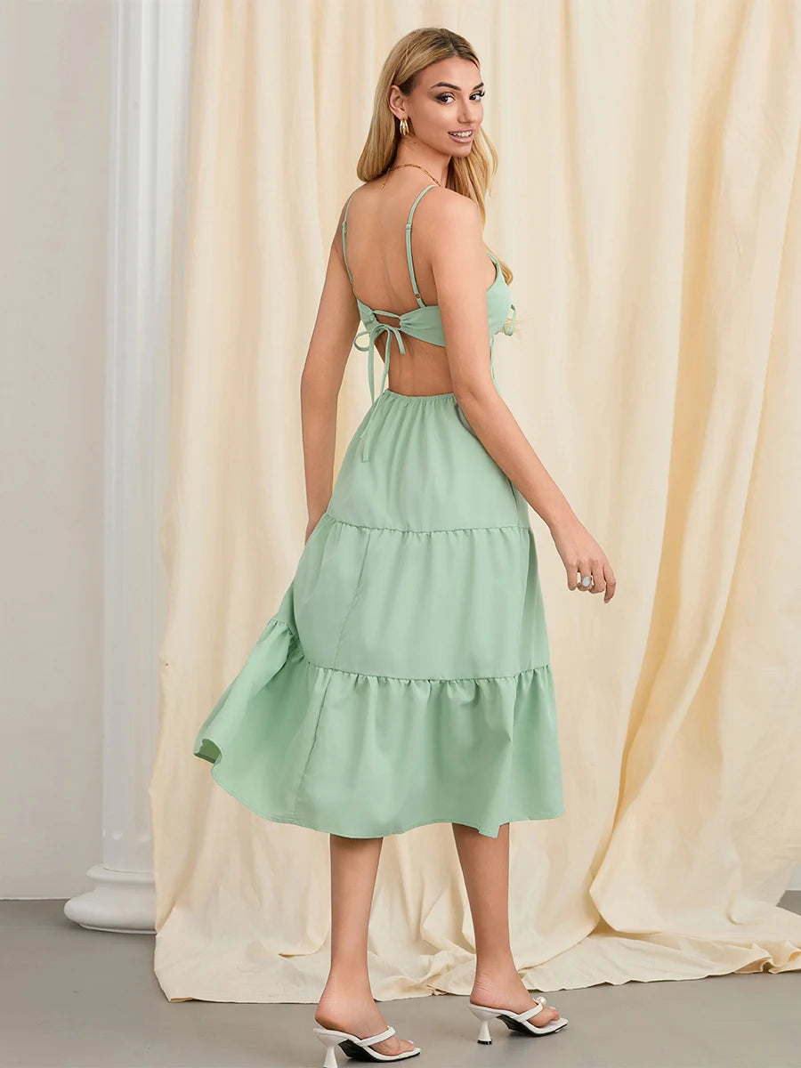 Bohemian V-Neck Cutout Midi Dress with Back Tie - Image 7