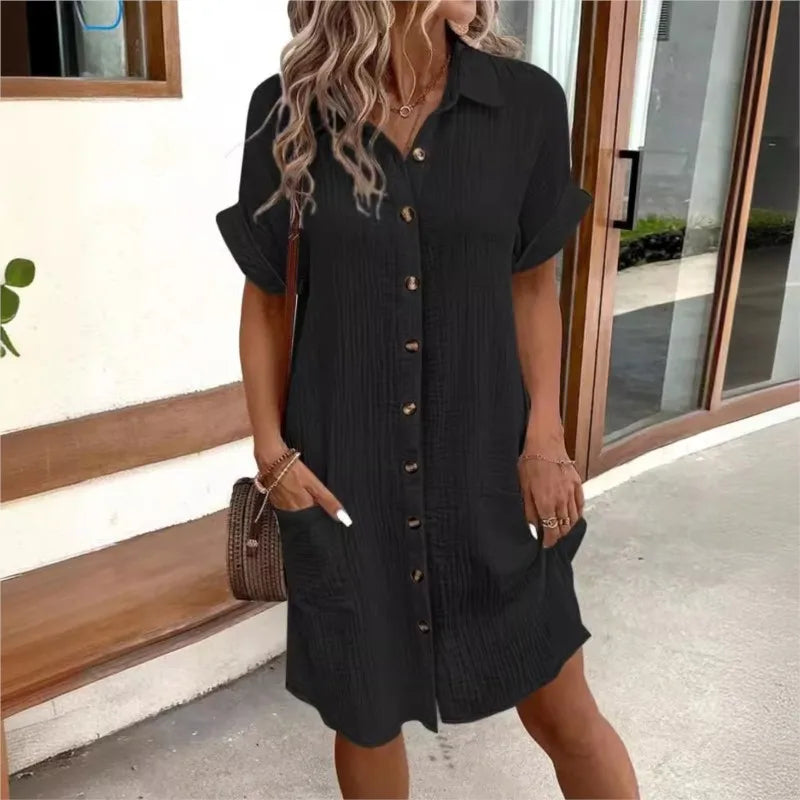Casual Loose Short Sleeve Button-Up Dress with Pockets - Image 5