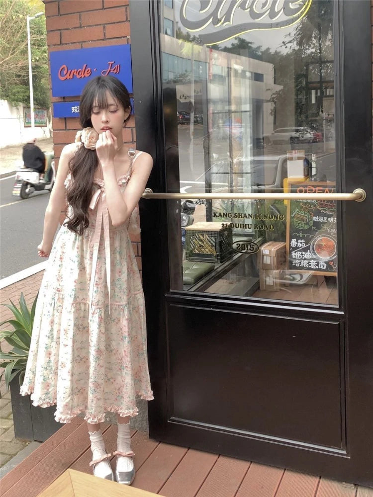 Kawaii Y2K Midi Dress with Bow and Flower Print - Image 4