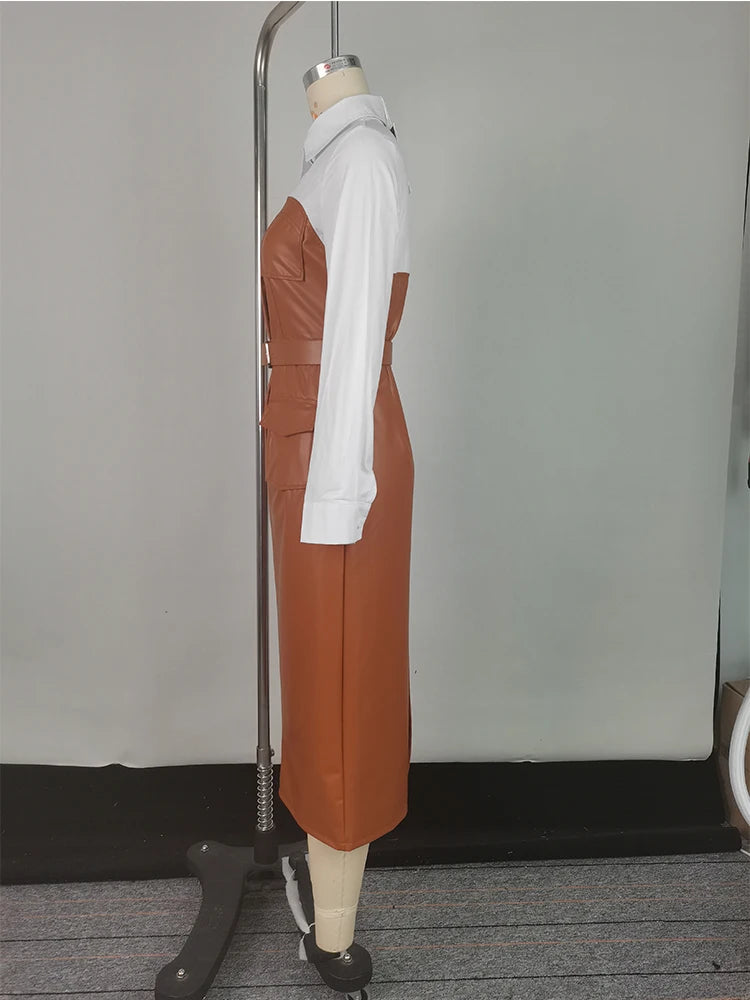 Women's Long Sleeve Midi Dress with Pockets and Belt - Image 7