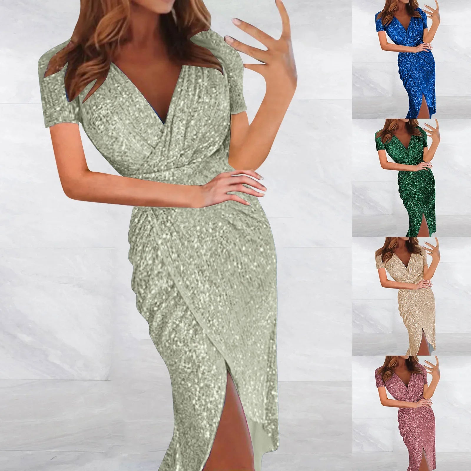 Sparkling Long-Sleeved V-Neck Bodycon Dress for Women - Image 5