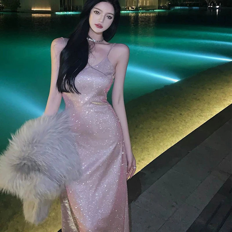 Elegant V-Neck Sparkly Spaghetti Strap Evening Dress - Image 19