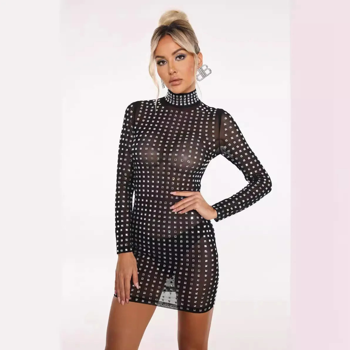 Women’s High Stretch Bodycon Mesh Turtleneck Mini Dress