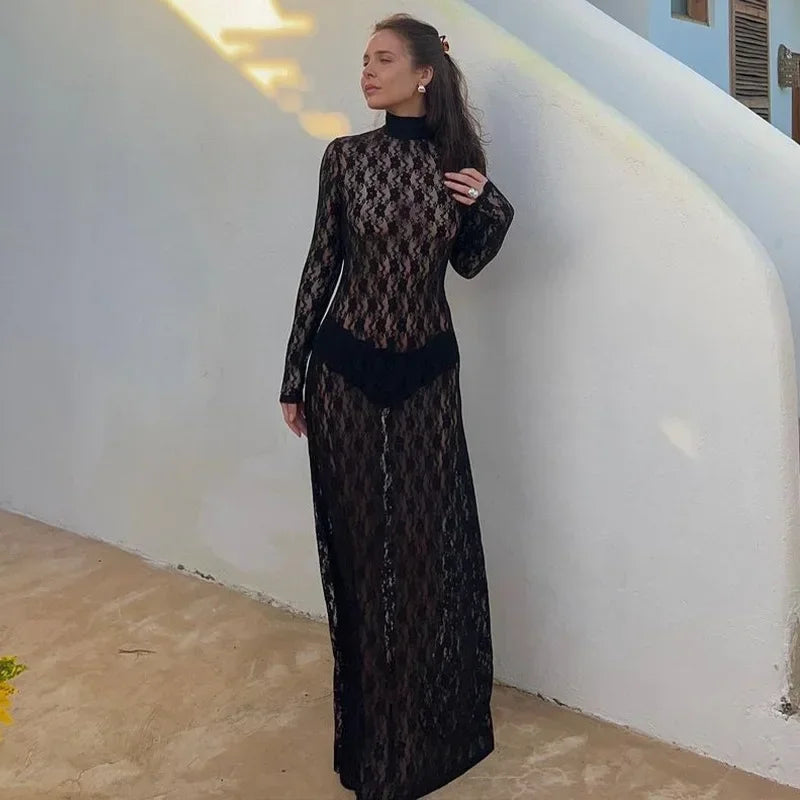 Elegant Turtleneck Lace Bodycon Maxi Dress for Parties - Image 16