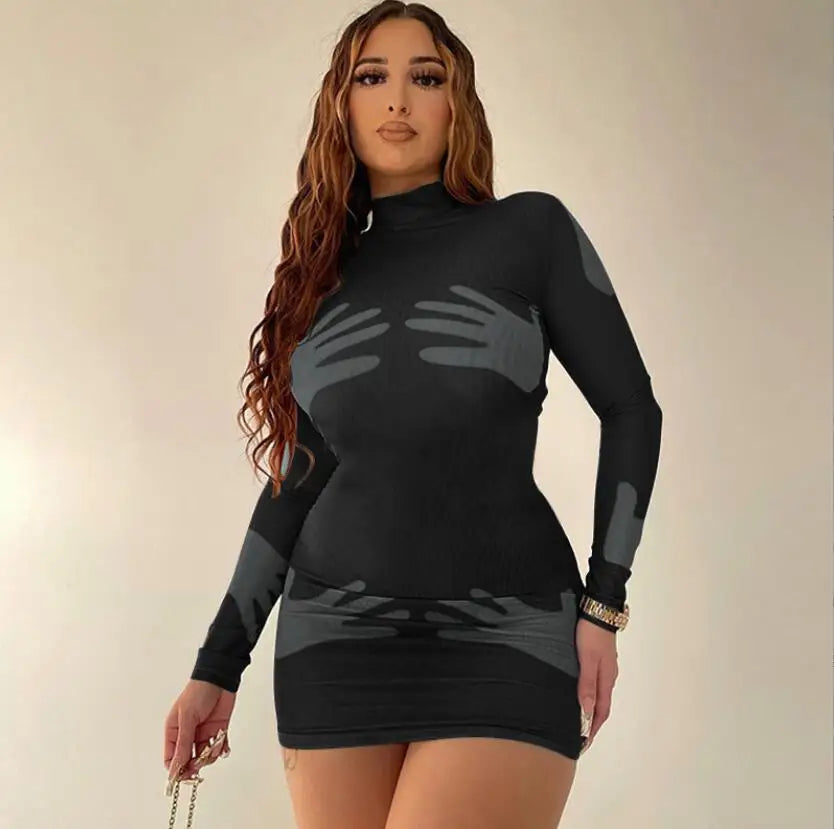 Trendy Women's Printed High Collar Long Sleeve Dress - Image 9