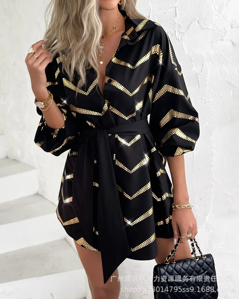 Women's Printed Long-Sleeved Mini Shirt Dress with Belt - Image 10
