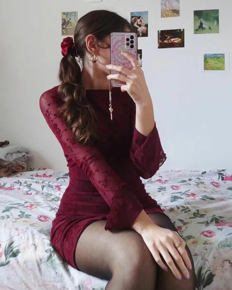 Floral Lace Mini Dress with Full Sleeves for Women - Image 12
