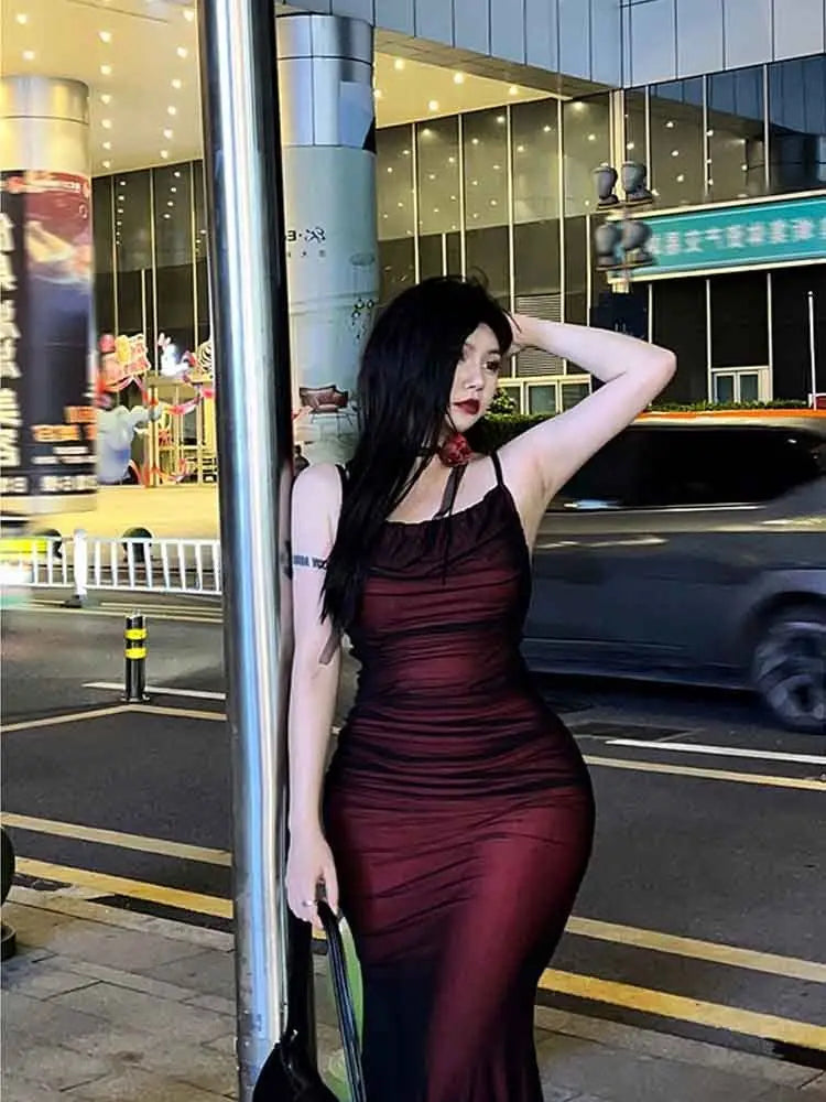 Elegant Red Mesh Bodycon Maxi Dress for Nights Out - Image 9