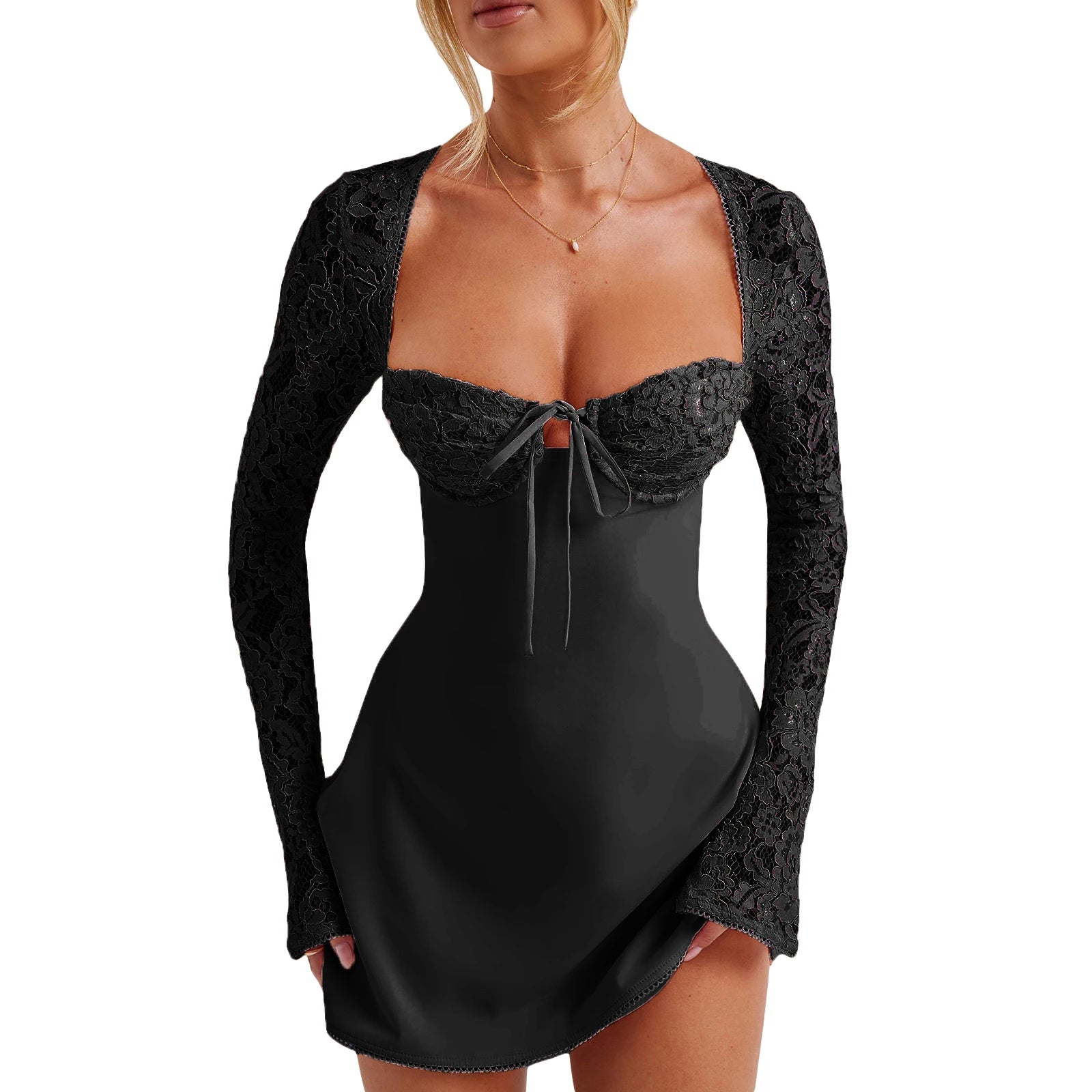 Elegant Long Sleeve Backless Lace Patchwork Cocktail Dress - Image 6