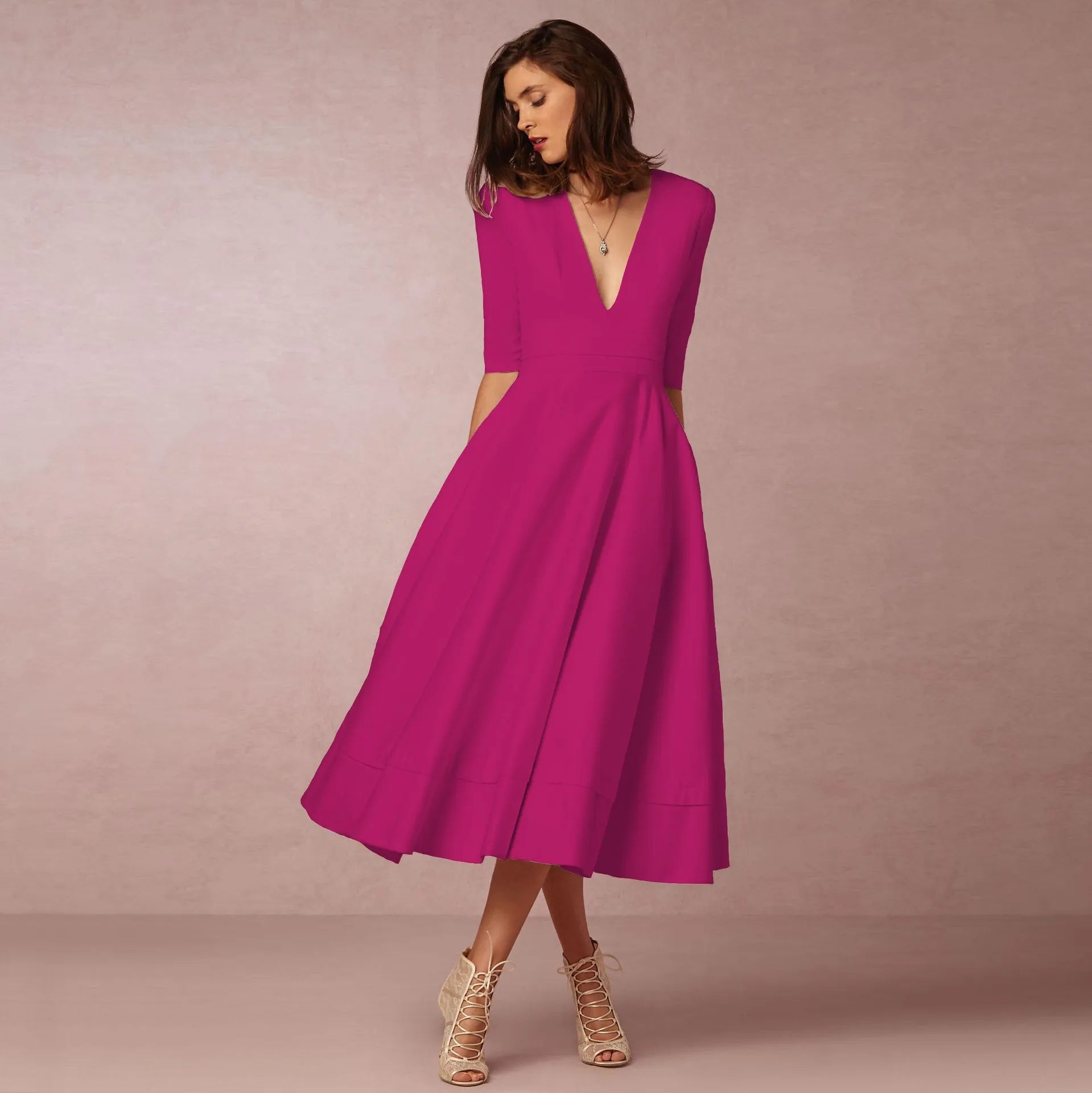 Elegant Solid Color A-line Evening Dress with Deep V-neck - Image 17
