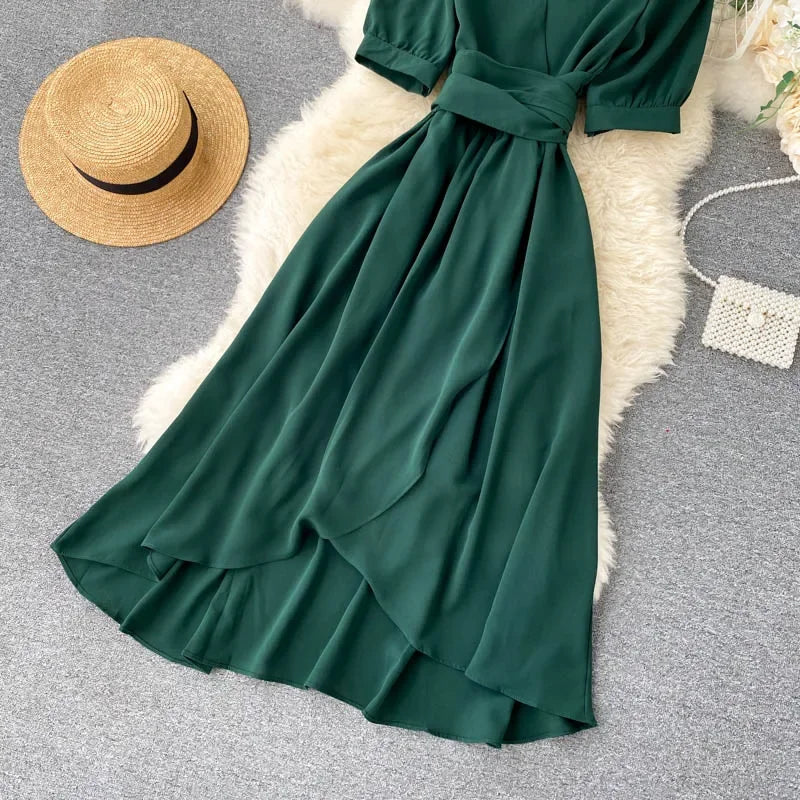 V-neck Solid Color Bubble Dress with Ruffle Edges - Image 26