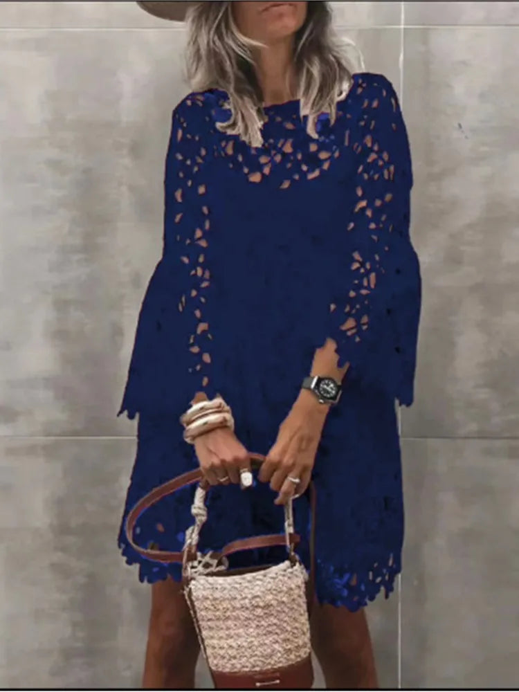 Elegant Long Sleeve Lace Dress with Floral Hollow Details - Image 3