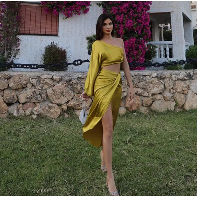 One Shoulder Asymmetrical Satin Long Dress for Women - Image 20