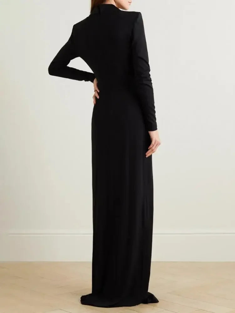Elegant Deep V-Neck Black Slim Fit Evening Dress - Image 3