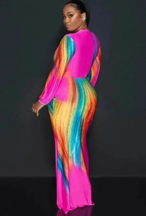 Chic V-Neck Long Sleeve Gradient Maxi Dress - Image 11