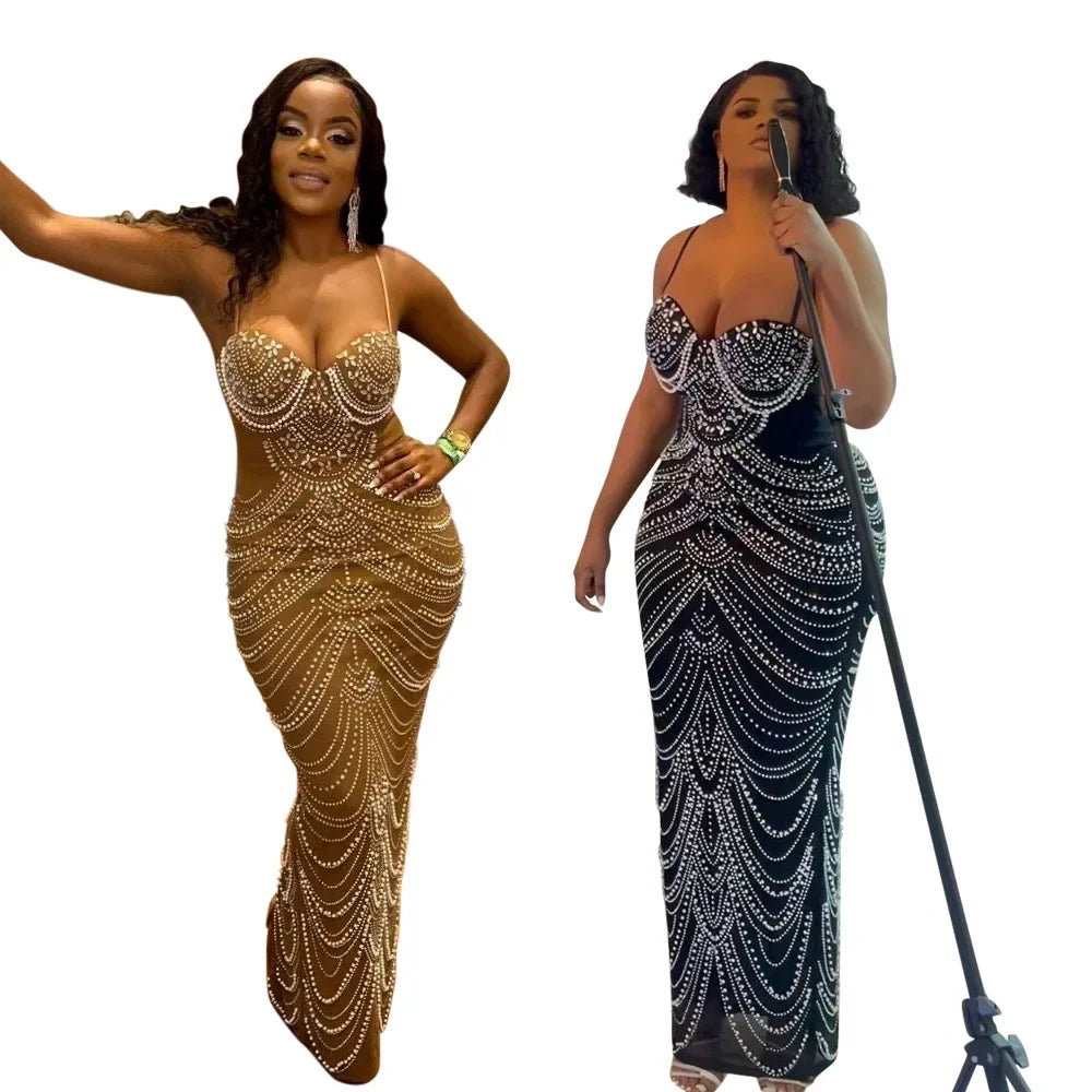 Sexy Strapless Maxi Dress with Rhinestones and Pearls - Image 8