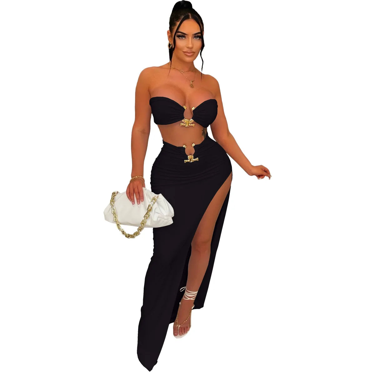Elegant Strapless Hollow Out White High Slit Dress for Women - Image 17