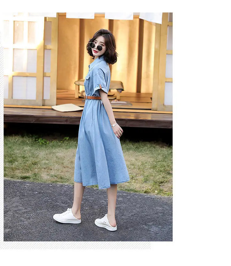 Vintage A-Line Denim Dress for Women with Belt - Image 17