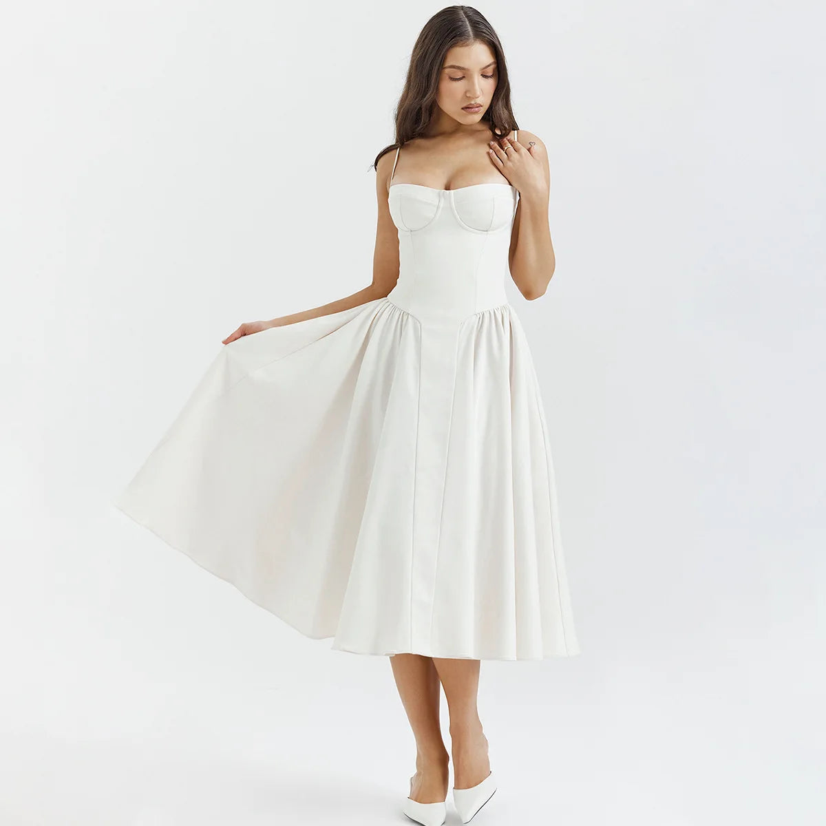 Elegant Sleeveless Midi Dress with Frill Hem & Corset - Image 85