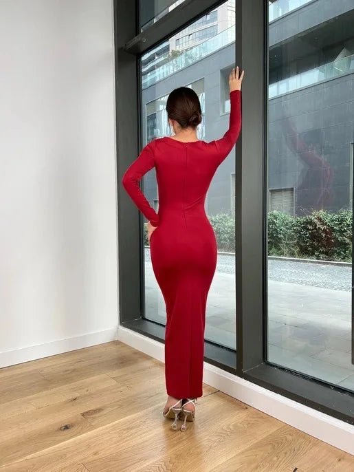 Elegant Slim Fit Slash Neck Long Sleeve Dress - Image 47