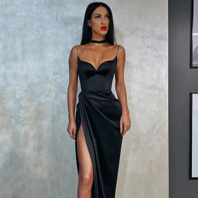 Elegant Black Satin High Split Bodycon Dress for Women - Image 6