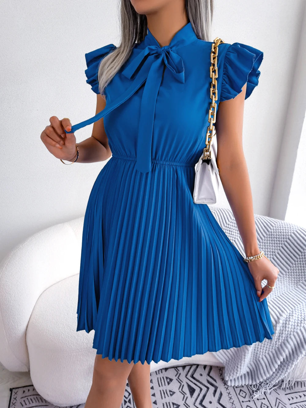 Elegant Summer Pleated Dress with Bow and Ruffles for Women - Image 12