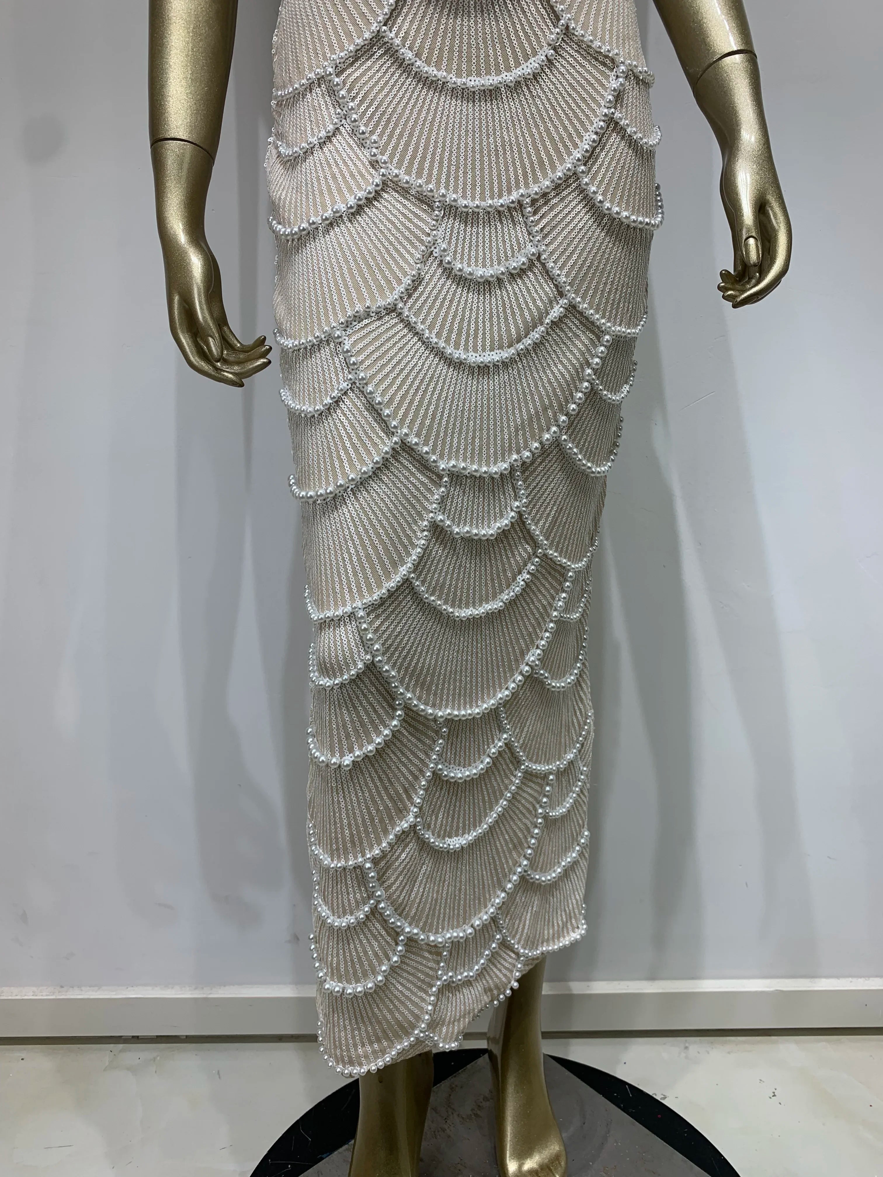 Elegant Women's Pearl Beaded V Neck Cut-Out Maxi Dress - Image 15