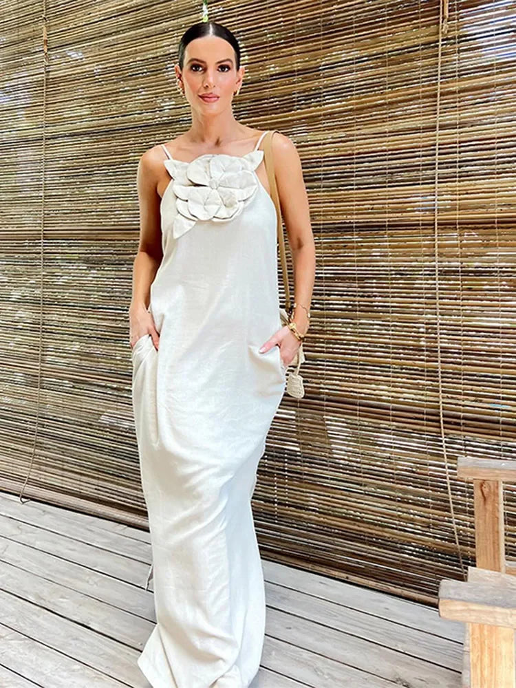 Elegant Cotton Linen Split Maxi Dress with 3D Flowers - Image 6
