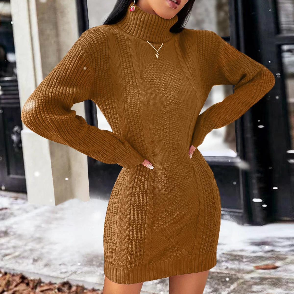 Chic Casual High Collar Knitted Wool Dress for Autumn Winter - Image 8