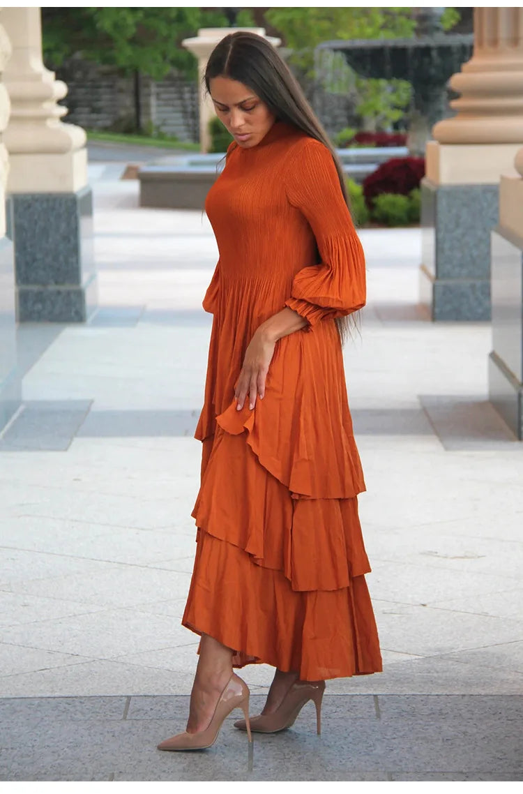 Elegant Lantern Sleeve Dress with Lotus Edge Skirt - Image 26