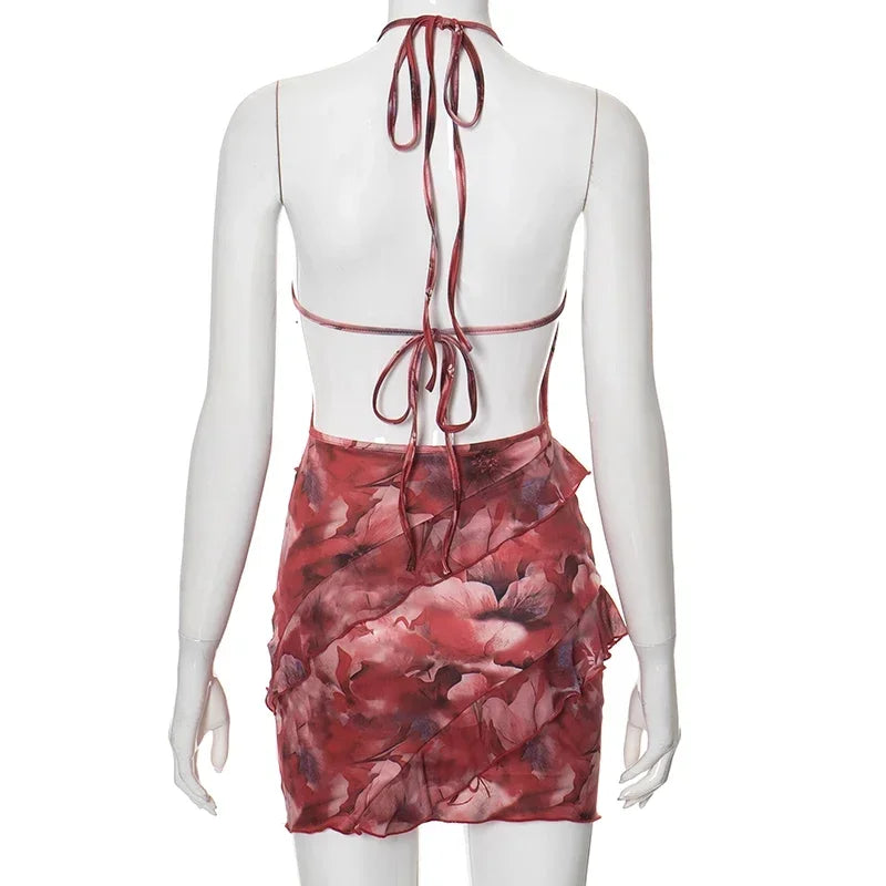 Floral Ruffle Mini Dress - Sexy Halter Backless Style - Image 11